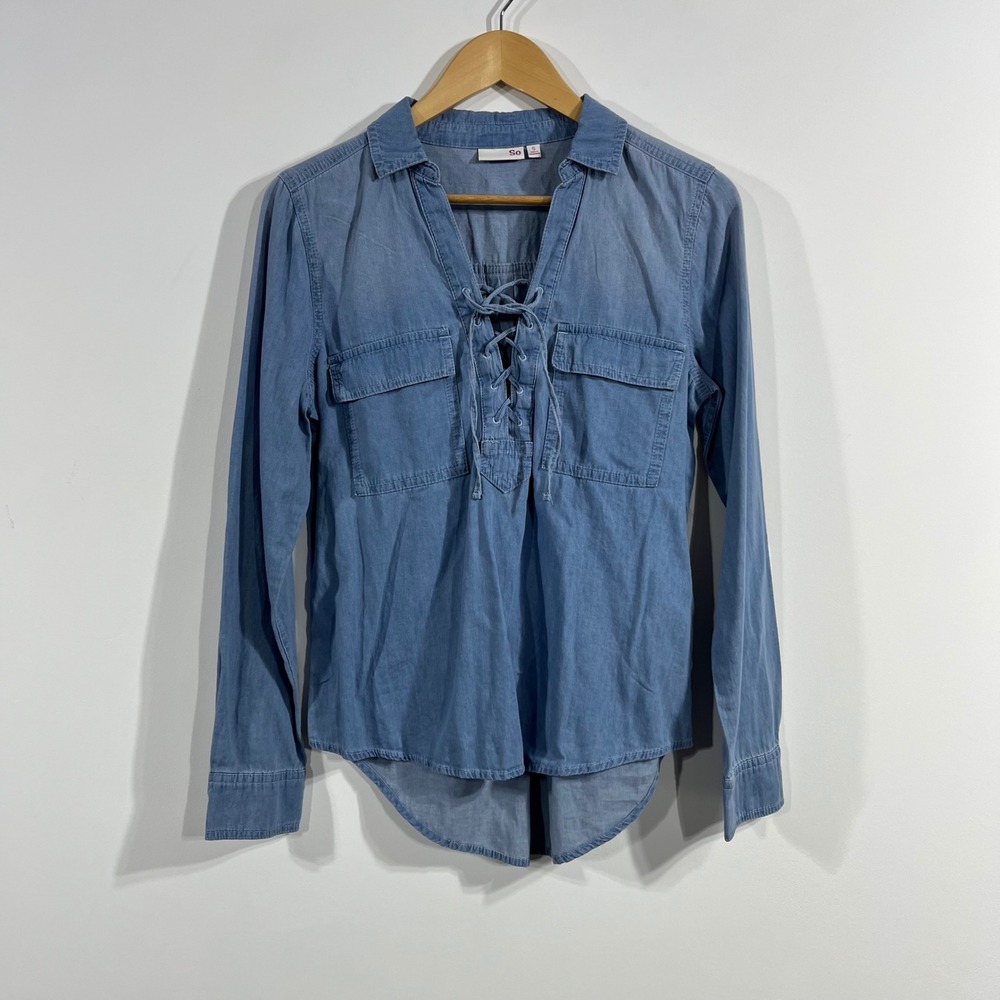 SoWomen Fisherman New England Coastal Chambray Lace Up Cotton Shirt Womens Small